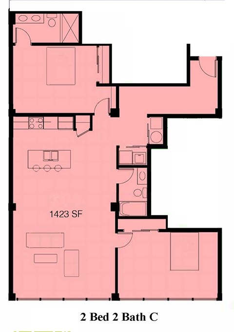 Floor plan for 2 beds, 2 baths, 1434 sqft